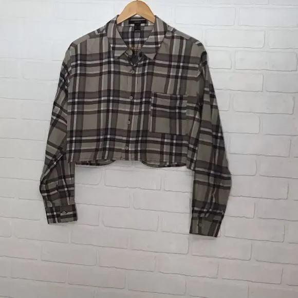 2/40$ FLANNEL plaid checkers Forever 21 oversize Crop blouse plaid beige neutral - Picture 9 of 9